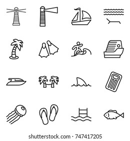 thin line icon set : lighthouse, sail boat, lounger, palm, flippers, surfer, cruise ship, yacht, hammock, shark flipper, inflatable mattress, jellyfish, flip flops, pool, fish