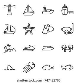 thin line icon set : lighthouse, boat, sea shipping, port, sail, starfish, flippers, diving mask, surfer, jet ski, yacht, palm hammock, shark flipper, jellyfish, fish