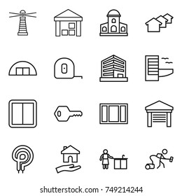 thin line icon set : lighthouse, warehouse, mansion, houses, hangare, measuring tape, office, hotel, power switch, key, window, garage, elecric oven, housing, kitchen cleaning, vacuum cleaner