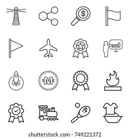 thin line icon set : lighthouse, share, dollar magnifier, flag, plane, medal, presentation, rocket, crypto currency, flammable, train, tennis, handle washing