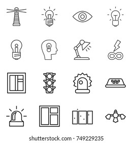thin line icon set : lighthouse, bulb, eye, head, table lamp, infinity power, window, traffic light, alarm, taxi, clean, hard reach place cleaning
