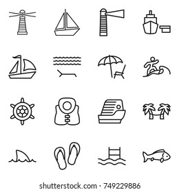 thin line icon set : lighthouse, boat, port, sail, lounger, surfer, handwheel, life vest, cruise ship, palm hammock, shark flipper, flip flops, pool, fish