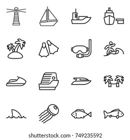thin line icon set : lighthouse, boat, sea shipping, port, island, flippers, diving mask, surfer, jet ski, cruise ship, yacht, palm hammock, shark flipper, jellyfish, fish