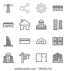 thin line icon set : lighthouse, molecule, round around, bridge, home, mansion, skyscrapers, skyscraper, bunker, hangare, panel house, building, tower crane, plan, office