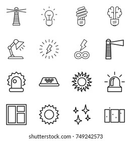 thin line icon set : lighthouse, bulb, brain, table lamp, lightning, infinity power, alarm, taxi, sun, window, shining, clean