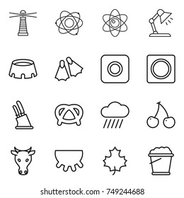 thin line icon set : lighthouse, atom, table lamp, stadium, flippers, ring button, knife holder, pretzel, rain cloud, cherry, cow, udder, maple leaf, foam bucket