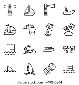 thin line icon set : lighthouse, boat, sea shipping, sail, lounger, palm, island, pool, surfer, yacht, hammock, shark flipper, windsurfing, jellyfish