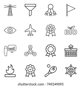 thin line icon set : lighthouse, funnel, share, flag, eye, plane, medal, bio, presentation, spinner, university, flammable, tennis, handwheel