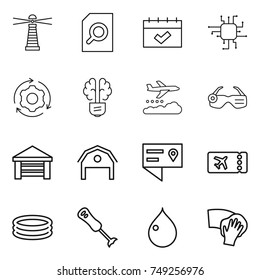 thin line icon set : lighthouse, search document, calendar, chip, around gear, bulb brain, weather management, smart glasses, garage, barn, location details, ticket, inflatable pool, blender, drop - Shutterstock ID 749256976