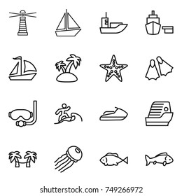 thin line icon set : lighthouse, boat, sea shipping, port, sail, island, starfish, flippers, diving mask, surfer, jet ski, cruise ship, palm hammock, jellyfish, fish