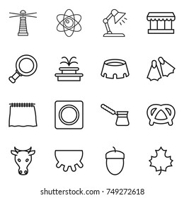 thin line icon set : lighthouse, atom, table lamp, market, magnifier, fountain, stadium, flippers, curtain, ring button, turk, pretzel, cow, udder, acorn, maple leaf