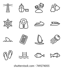 thin line icon set : lighthouse, port, island, flippers, handwheel, life vest, jet ski, yacht, shark flipper, inflatable mattress, windsurfing, jellyfish, flip flops, pool, fish
