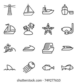 thin line icon set : lighthouse, boat, sea shipping, port, sail, island, starfish, diving mask, surfer, jet ski, cruise ship, yacht, shark flipper, jellyfish, fish