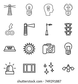 thin line icon set : lighthouse, bulb, head, brain, infinity power, outdoor light, traffic, taxi, sun, camera, alarm, window, shining, hard reach place cleaning