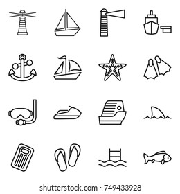 thin line icon set : lighthouse, boat, port, anchor, sail, starfish, flippers, diving mask, jet ski, cruise ship, shark flipper, inflatable mattress, flip flops, pool, fish