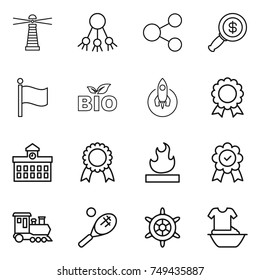 thin line icon set : lighthouse, share, dollar magnifier, flag, bio, rocket, medal, university, flammable, train, tennis, handwheel, handle washing