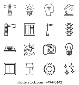thin line icon set : lighthouse, bulb, head, table lamp, window, outdoor light, traffic, taxi, disco ball, camera, power switch, floor, sun, shining