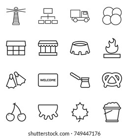 thin line icon set : lighthouse, hierarchy, truck, atom core, market, stadium, flammable, flippers, welcome mat, turk, pretzel, cherry, udder, maple leaf, foam bucket