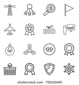 thin line icon set : lighthouse, share, dollar magnifier, flag, plane, medal, bio, presentation, rocket, spinner, crypto currency, university, shield, handwheel