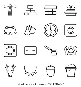 thin line icon set : lighthouse, hierarchy, market, fountain, stadium, flippers, watch, ring button, welcome mat, turk, pretzel, cow, udder, acorn, foam bucket