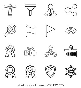 thin line icon set : lighthouse, funnel, share, dollar magnifier, flag, eye, medal, bio, spinner, university, shield, handwheel