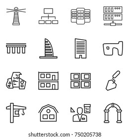 thin line icon set : lighthouse, hierarchy, server, bridge, skyscraper, slum, modern architecture, modular house, panel, construction, tower crane, architector, arch