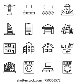 thin line icon set : lighthouse, hierarchy, structure, mansion, skyscraper, garage, modern architecture, modular house, building, architector, office, washing machine