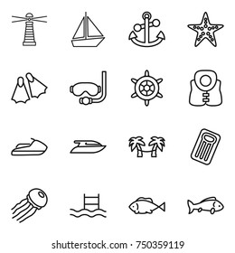 thin line icon set : lighthouse, boat, anchor, starfish, flippers, diving mask, handwheel, life vest, jet ski, yacht, palm hammock, inflatable mattress, jellyfish, pool, fish