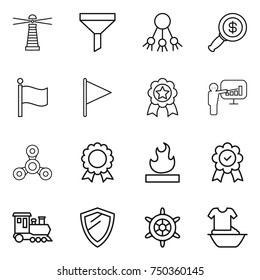 thin line icon set : lighthouse, funnel, share, dollar magnifier, flag, medal, presentation, spinner, flammable, train, shield, handwheel, handle washing