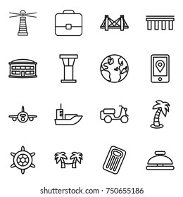 thin line icon set : lighthouse, portfolio, bridge, airport building, tower, globe, mobile location, plane, sea shipping, scooter, palm, handwheel, hammock, inflatable mattress, service bell