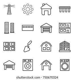 thin line icon set : lighthouse, round around, home, bridge, skyscrapers, bunker, garage, modular house, panel, construction, office, washing machine, barn