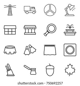 thin line icon set : lighthouse, truck, diagram, table lamp, market, magnifier, fountain, stadium, flippers, curtain, ring button, knife holder, turk, acorn, maple leaf