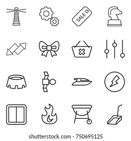 thin line icon set : lighthouse, gear, sale, chess horse, up down arrow, bow, delete cart, equalizer, stadium, satellite, yacht, electricity, power switch, fire, bbq, scoop