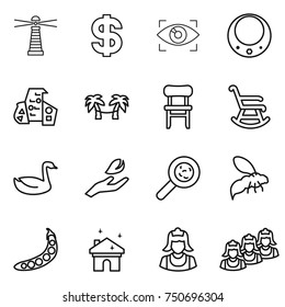 thin line icon set : lighthouse, dollar, eye identity, necklace, modern architecture, palm hammock, chair, rocking, goose, hand leaf, viruses, wasp, peas, house cleaning, cleaner, outsource