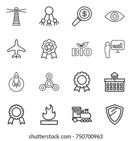 thin line icon set : lighthouse, share, dollar magnifier, eye, plane, medal, bio, presentation, rocket, spinner, university, flammable, train, shield