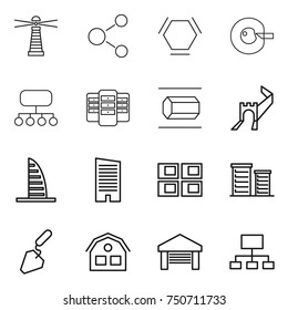 thin line icon set : lighthouse, molecule, hex, cell corection, structure, server, nano tube, greate wall, skyscraper, panel house, district, construction, garage, hierarchy