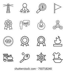thin line icon set : lighthouse, share, dollar magnifier, flag, medal, presentation, rocket, spinner, crypto currency, flammable, train, tennis, handwheel, handle washing
