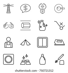 thin line icon set : lighthouse, money message, bulb brain, cell corection, smart glasses, nano tube, cleanser, do not trolley sign, workman, tent, power switch, iron, ring button, clean floor