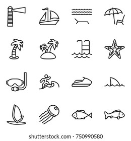 thin line icon set : lighthouse, sail boat, lounger, palm, island, pool, starfish, diving mask, surfer, jet ski, shark flipper, windsurfing, jellyfish, fish