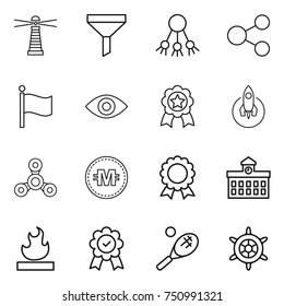 thin line icon set : lighthouse, funnel, share, flag, eye, medal, rocket, spinner, crypto currency, university, flammable, tennis, handwheel