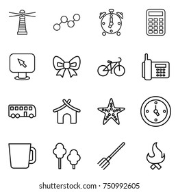 thin line icon set : lighthouse, graph, alarm clock, calculator, monitor arrow, bow, bike, phone, bus, bungalow, starfish, watch, cup, trees, fork, fire