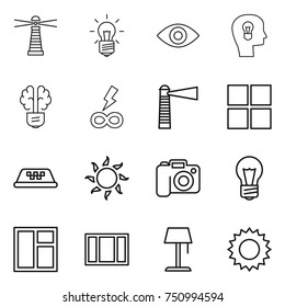 thin line icon set : lighthouse, bulb, eye, head, brain, infinity power, window, taxi, sun, camera, floor lamp