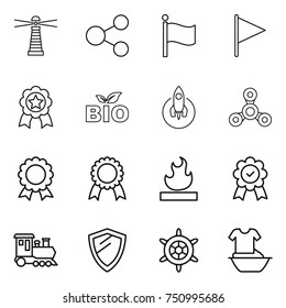 thin line icon set : lighthouse, share, flag, medal, bio, rocket, spinner, flammable, train, shield, handwheel, handle washing