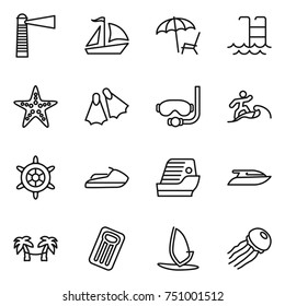 thin line icon set : lighthouse, sail boat, lounger, pool, starfish, flippers, diving mask, surfer, handwheel, jet ski, cruise ship, yacht, palm hammock, inflatable mattress, windsurfing, jellyfish