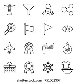 thin line icon set : lighthouse, funnel, share, dollar magnifier, flag, eye, plane, medal, presentation, rocket, university, handwheel, handle washing