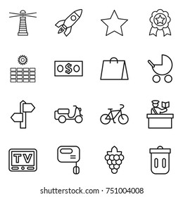 thin line icon set : lighthouse, rocket, star, medal, sun power, money, shopping bag, baby stroller, signpost, scooter shipping, bike, inspector, tv, mixer, grape, trash bin