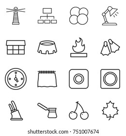 thin line icon set : lighthouse, hierarchy, atom core, table lamp, market, stadium, flammable, flippers, watch, curtain, ring button, knife holder, turk, cherry, maple leaf