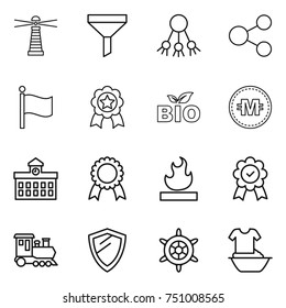 thin line icon set : lighthouse, funnel, share, flag, medal, bio, crypto currency, university, flammable, train, shield, handwheel, handle washing