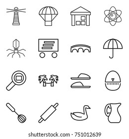 thin line icon set : lighthouse, parachute, warehouse, atom, virus, delivery, bridge, dry cargo, search, palm hammock, slippers, egg timer, whisk, rolling pin, goose, jug