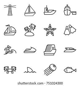 thin line icon set : lighthouse, boat, sea shipping, port, sail, island, starfish, flippers, surfer, jet ski, cruise ship, yacht, palm hammock, shark flipper, jellyfish, fish